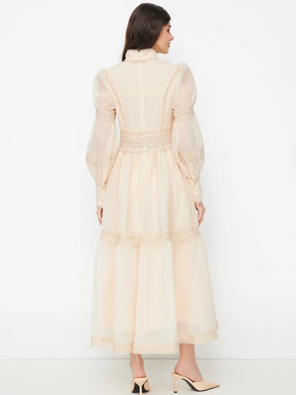 NWT CIDER CHIFFON HIGH NECK CONTRASTING LACE CINCHED WAIST A-LINE MAXI DRESS - Picture 2 of 16